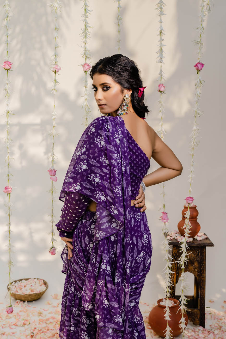 Embroidered Purple Printed Saree